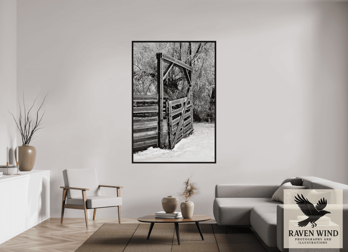 Raven Wind Photography & Illustrations-Winter Gate Black and White Fine Art Nature Print -