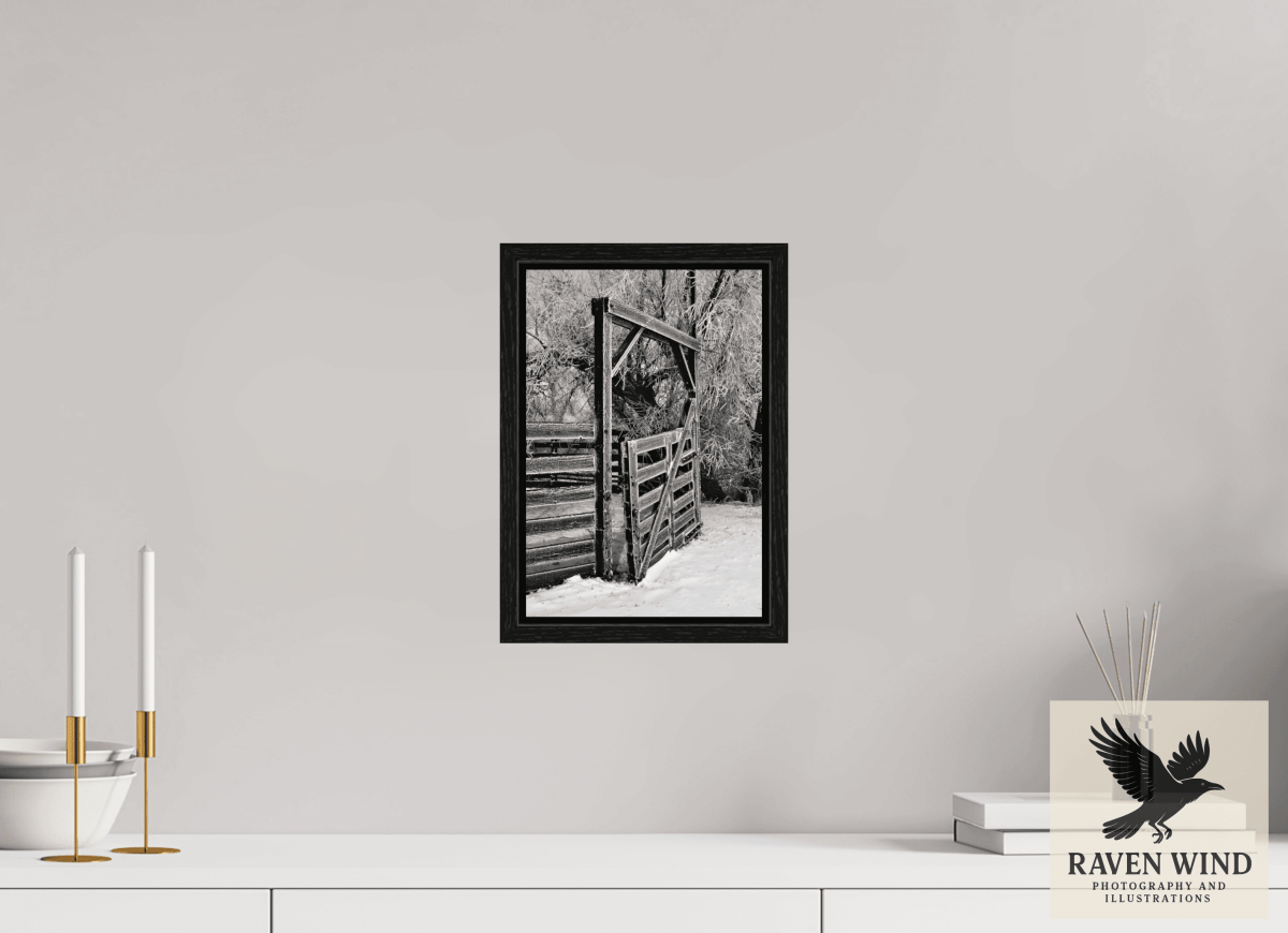 Raven Wind Photography & Illustrations-Winter Gate Black and White Fine Art Nature Print -