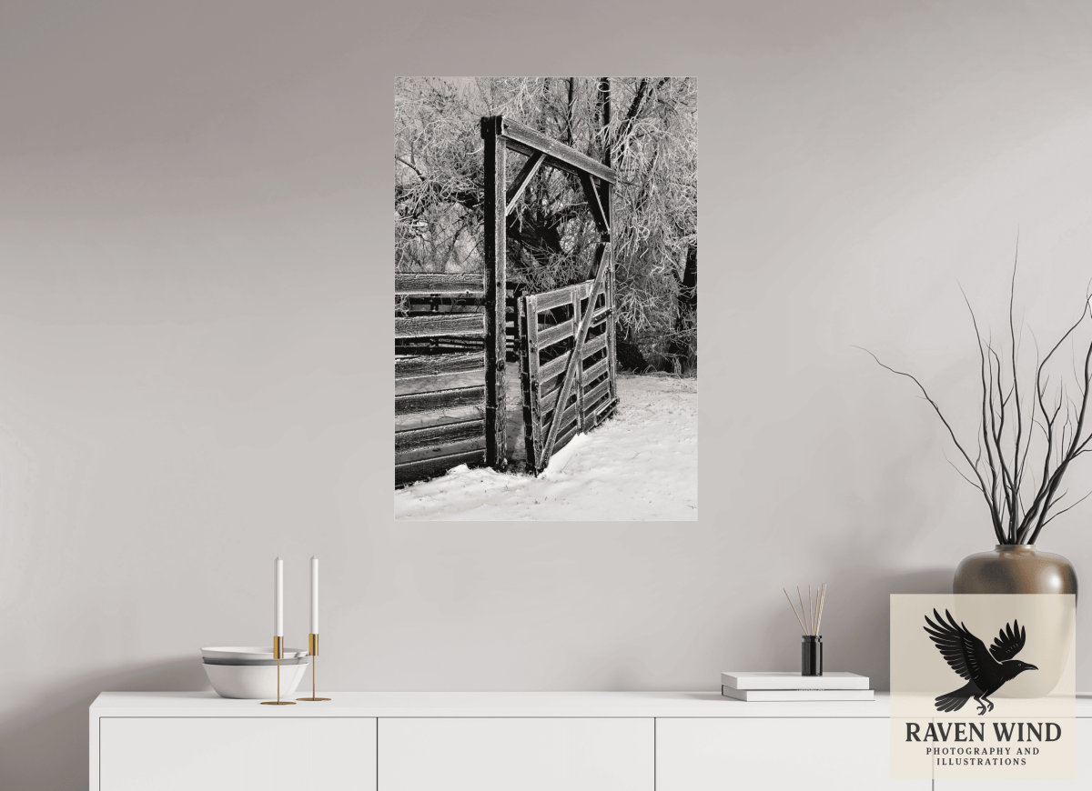 Raven Wind Photography & Illustrations-Winter Gate Black and White Fine Art Nature Print -
