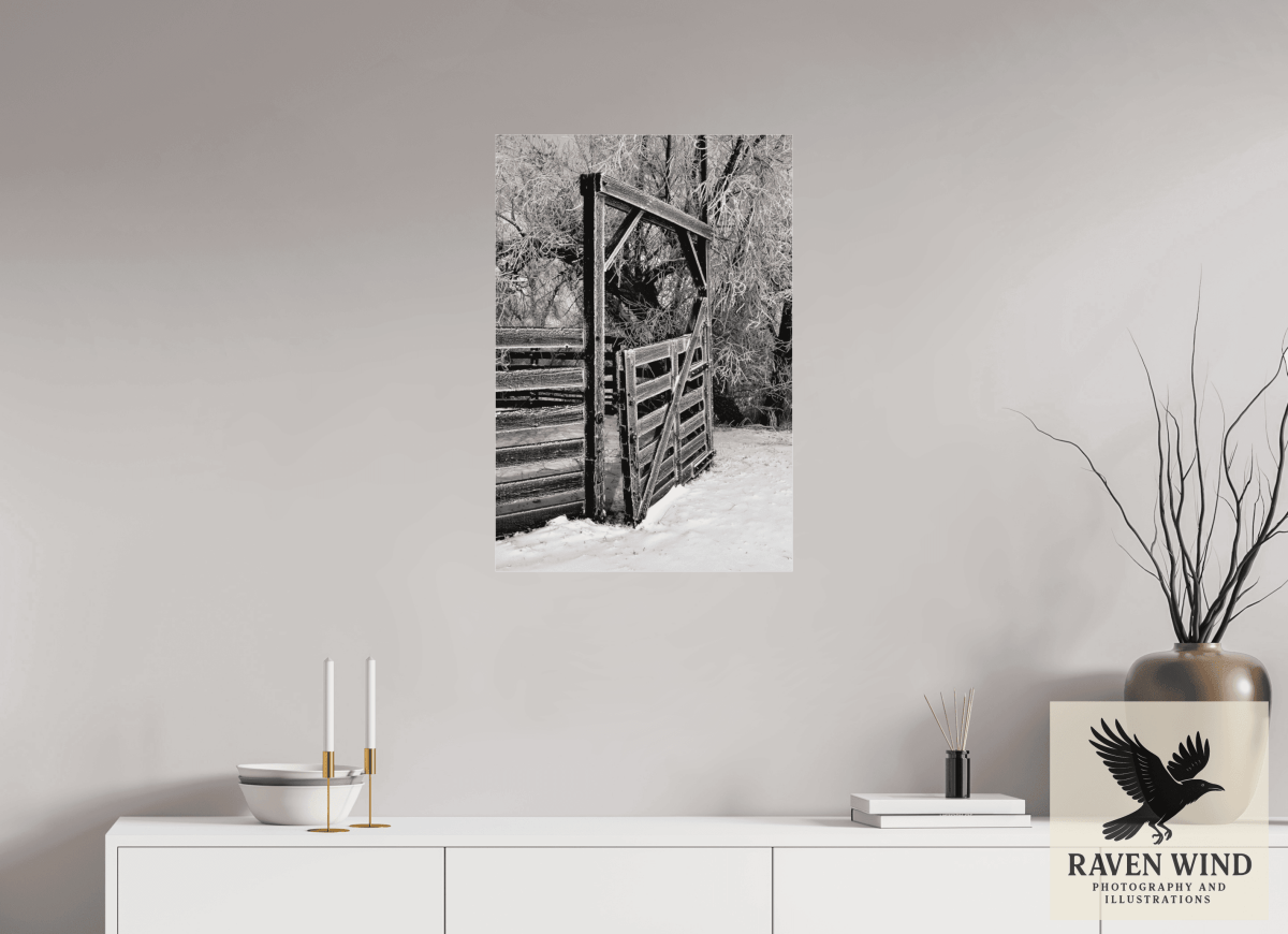 Raven Wind Photography & Illustrations-Winter Gate Black and White Fine Art Nature Print -