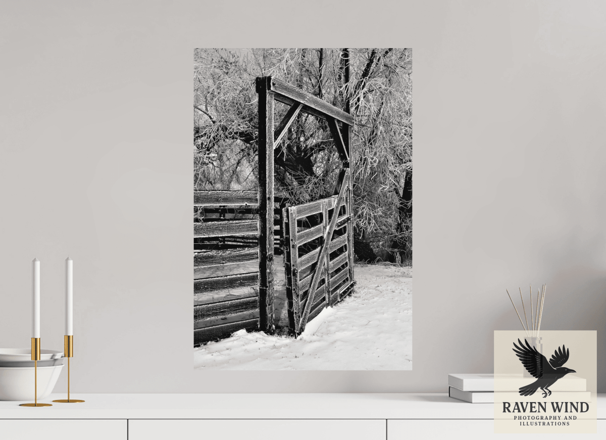 Raven Wind Photography & Illustrations-Winter Gate Black and White Fine Art Nature Print -