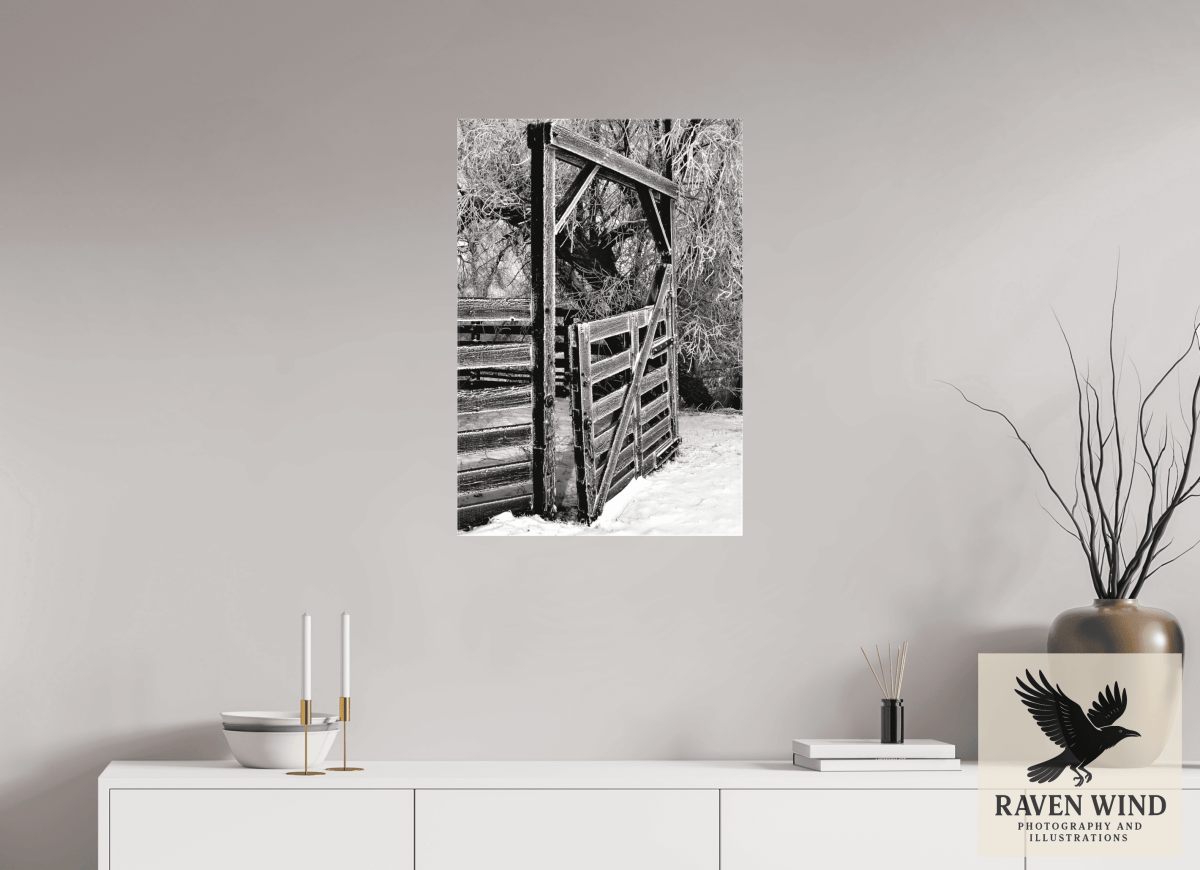 Raven Wind Photography & Illustrations-Winter Gate Black and White Fine Art Nature Print -